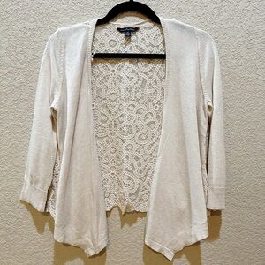 American Eagle Lace-Backed 3-4 Sleeve Cardigan, off-white, Size Small
